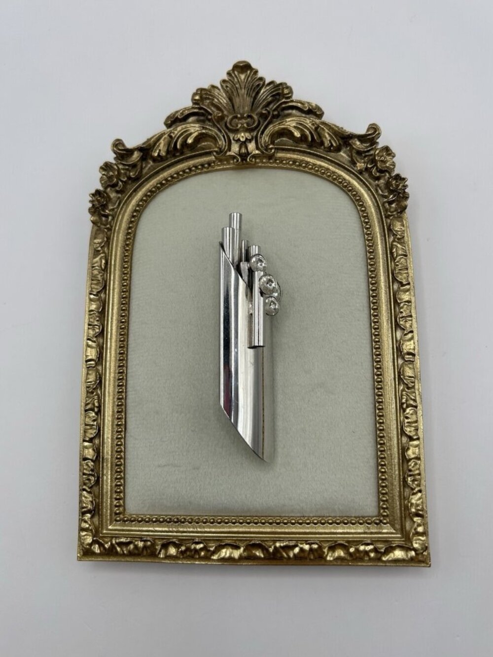 Vintage Modernist MCM Art Deco Tube Bar Brooch Silver Tone Rhinestone Pin Retro